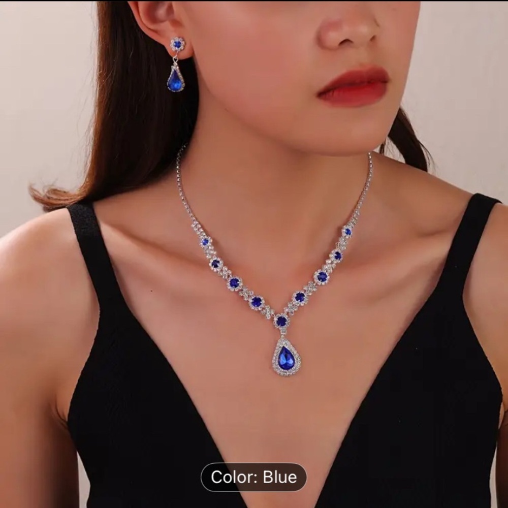 Rhinestone jewelry set necklace earrings silver blue